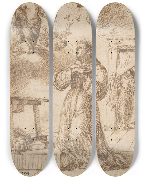 Triptych art skateboard deck of Vicente Salvador Gmez The Vision Of Saint Anthony Of Padua by Vicente Salvador Gomez (1637-1678)