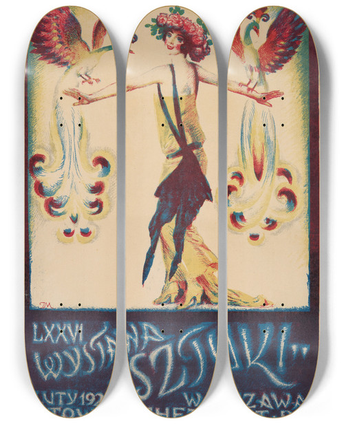 Triptych art skateboard deck of Jzef Mehoffer Lxxvi Sztuki Exhibition by Jozef Mehoffer (1869-1946)