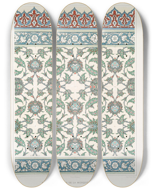 Triptych art skateboard deck of Mile Prisse Davennes Arabesques Faences Murales De La Mosque De Cheykhoun Xviiie Sicle by mile Prisse d'Avennes (1807-1879)