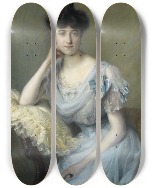 Triptych art skateboard deck of Paul Mile Chabas Portrait De Jeune Femme La Robe Bleue_1 by Paul mile Chabas (1869-1937)