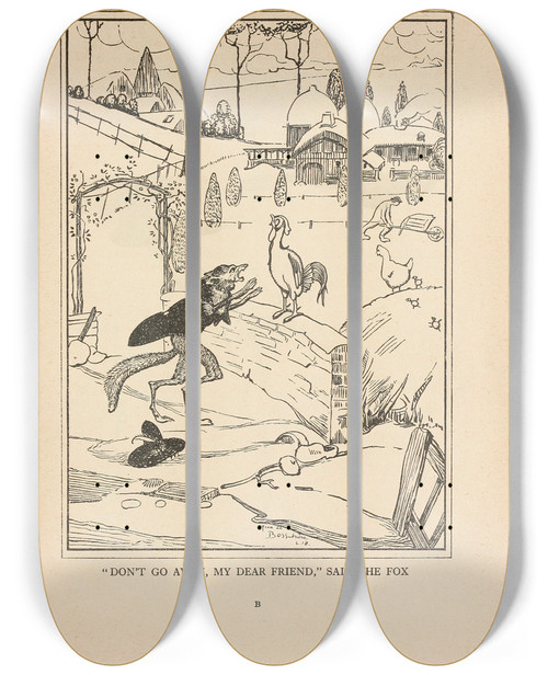 Triptych art skateboard deck of Jean De Bosschre Dont Go Away My Dear Friend Said The Fox by Jean de Bosschre (1878-1953)