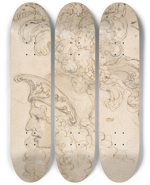 Triptych art skateboard deck of Giovanni Battista Foggini Design For A Helmet With An Elaborate Plume by Giovanni Battista Foggini (1652-1725)