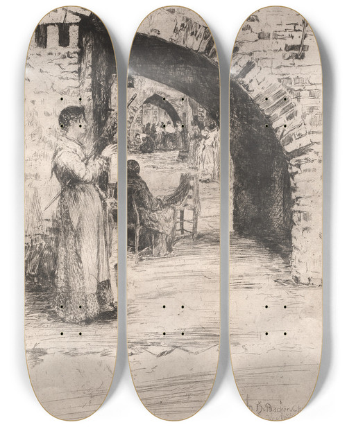 Triptych art skateboard deck of Otto Henry Bacher Net Makers_2 by Otto Henry Bacher (1856-1909)