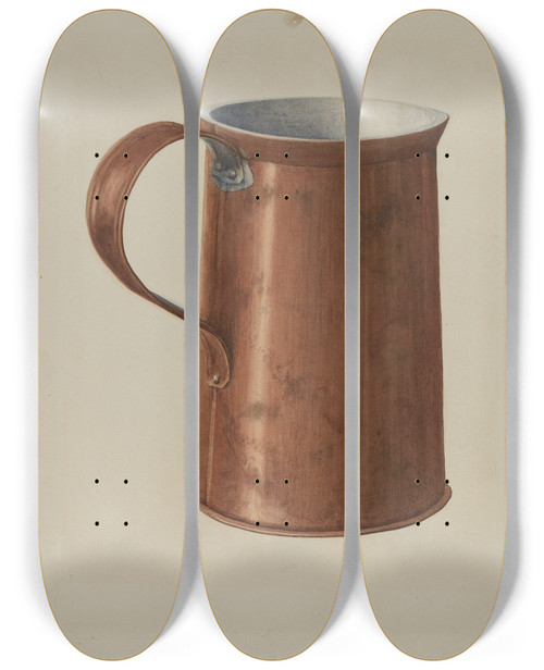 Triptych art skateboard deck of Wilford H Shurtliff Copper Measuring Cup by Wilford H Shurtliff