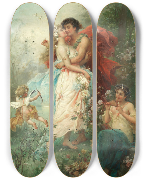 Triptych art skateboard deck of Hans Zatzka Oath Of Love by Hans Zatzka (1859-1945)