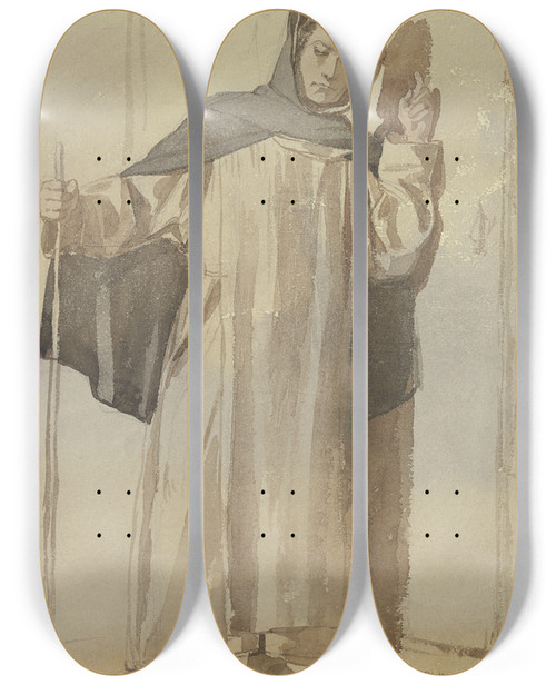 Triptych art skateboard deck of Johann Heinrich Hasselhorst Mnch An Einer Tre Klopfend by Johann Heinrich Hasselhorst (1825-1904)