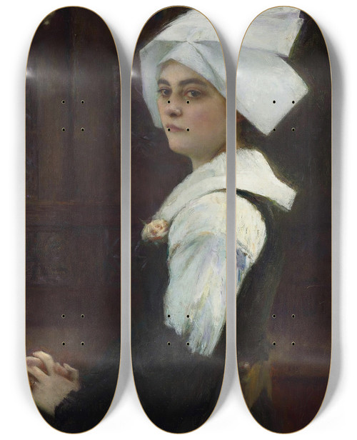 Triptych art skateboard deck of Pascaladolphejean Dagnanbouveret Breton Girl by Pascal-Adolphe-Jean Dagnan-Bouveret (1852-1929)