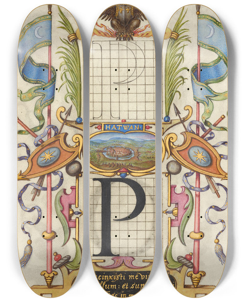Triptych art skateboard deck of Joris Hoefnagel Guide For Constructing The Letter P by Joris Hoefnagel (1542-1600)