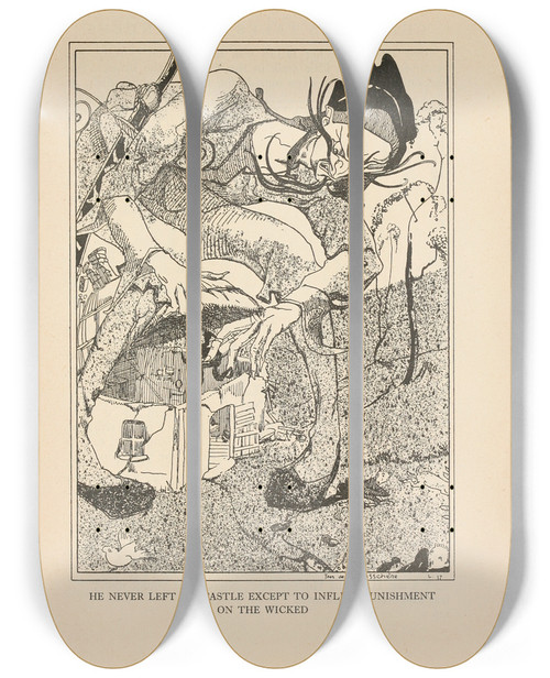 Triptych art skateboard deck of Jean De Bosschre He Never Left His Castle Except To Inflict Punishment On The Wicked by Jean de Bosschre (1878-1953)
