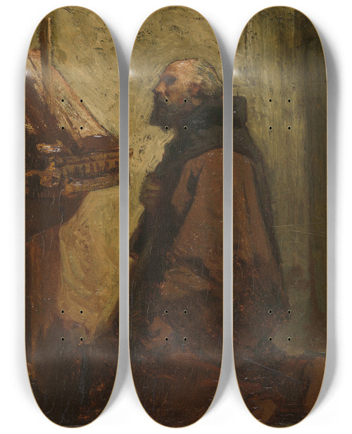 Triptych art skateboard deck of Jacob Maris Praying Monk Monk At His Devotions by Jacob Maris (1837-1899)