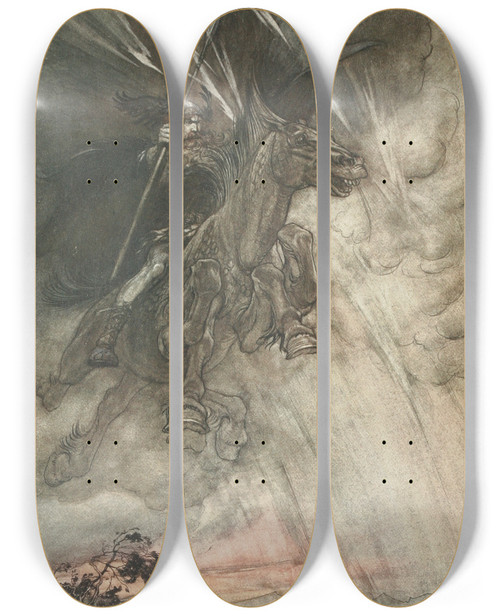 Triptych art skateboard deck of Arthur Rackham Raging Wotan Rides To The Rock Like A Stormwind He Comes by Arthur Rackham (1867-1939)