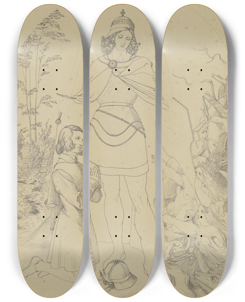 Triptych art skateboard deck of Ferdinand Fellner Selbstbildnis Des Knstlers In Abentung Des Heiligen Michael Der Diesen Vor Den Von Rechts Andrngenden Versuchungen Schtzt by Ferdinand Fellner (1799-1859)