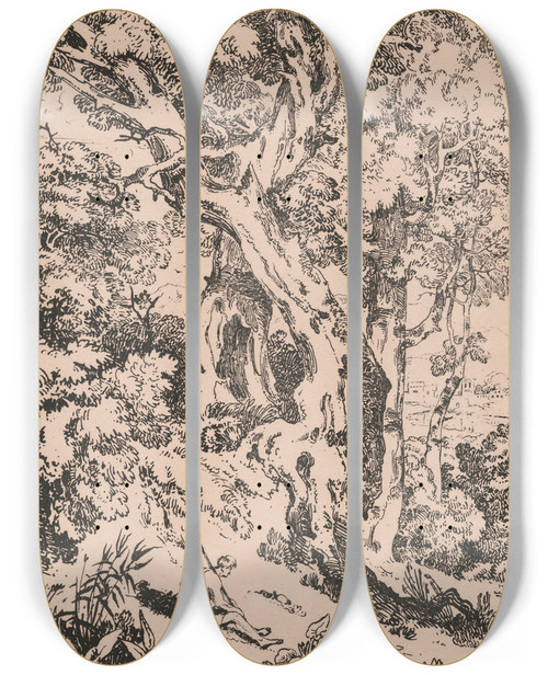 Triptych art skateboard deck of William Havell Study Of Trees And Scrubs With Seated Male Figure by William Havell (1782-1857)