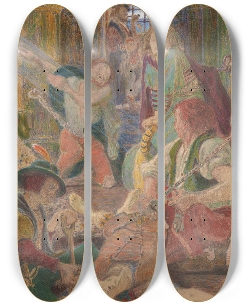 Triptych art skateboard deck of Ford Madox Brown The Prisoner Of Chillon Entreating His Jailors To Bury His Brother Where The Sun Might Fall Upon His Grave by Ford Madox Brown (1821-1893)