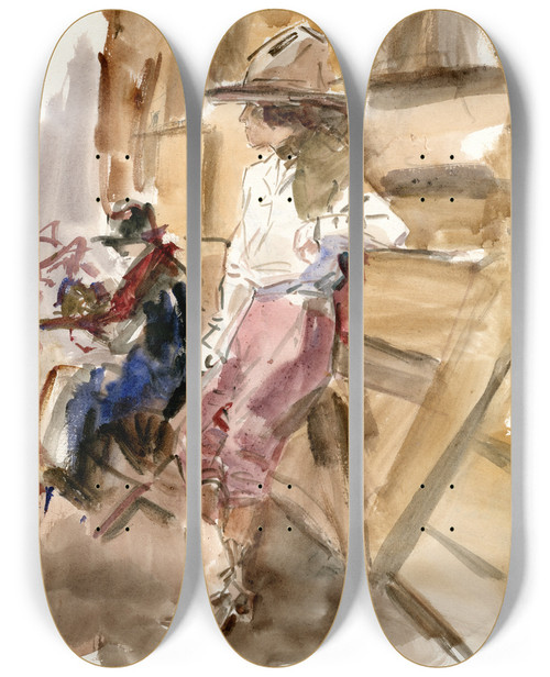 Triptych art skateboard deck of Isaac Israls Circusstudie Vrouw In Cowboykledij Bij Schutting by Isaac Israels (1865-1934)