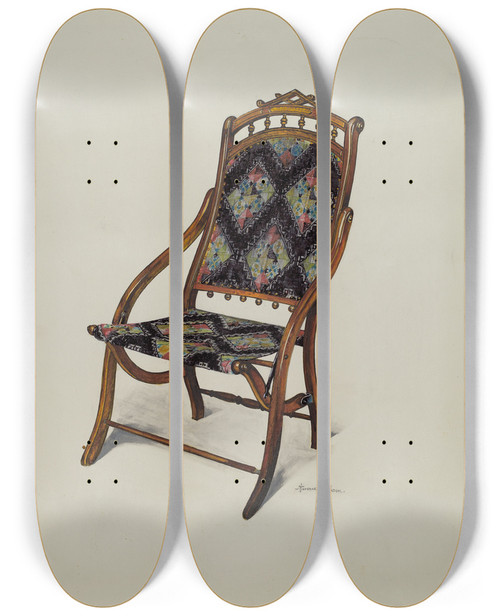 Triptych art skateboard deck of Florence Truelson Folding Oak Chair by Florence Truelson