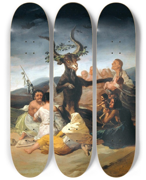 Triptych art skateboard deck of Francisco De Goya The Sabbath Of Witches by Francisco de Goya (1746-1828)