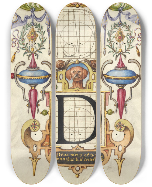 Triptych art skateboard deck of Joris Hoefnagel Guide For Constructing The Letter D by Joris Hoefnagel (1542-1600)