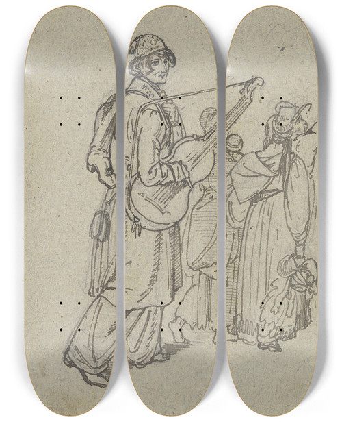 Triptych art skateboard deck of Ferdinand Fellner Touring Musicians by Ferdinand Fellner (1799-1859)