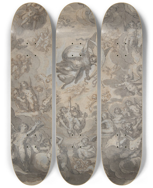 Triptych art skateboard deck of Conrad Meyer Flying Putti Surrounding Archangel Raphael by Conrad Meyer (1618-1689)