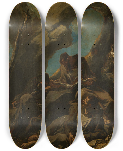 Triptych art skateboard deck of Alessandro Magnasco Three Camaldolese Monks In Meditative Prayer by Alessandro Magnasco (1667-1749)