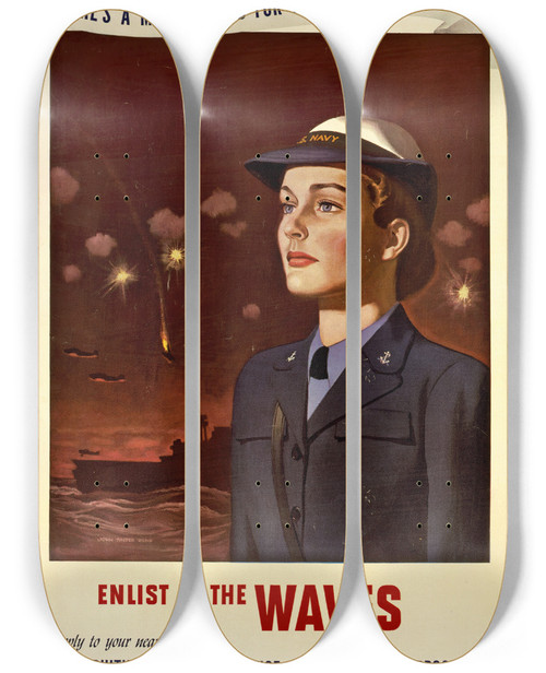Triptych art skateboard deck of John Philip Falter Theres A Mansize Job For You In Your Navy Enlist In The Waves by John Philip Falter (1910-1982)