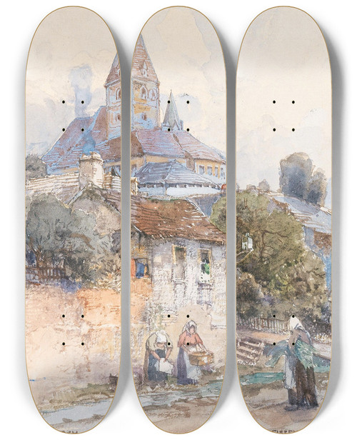 Triptych art skateboard deck of Fritz Lach Laudresses In Weienkirchen In Wachau Valley by Fritz Lach (1868-1933)
