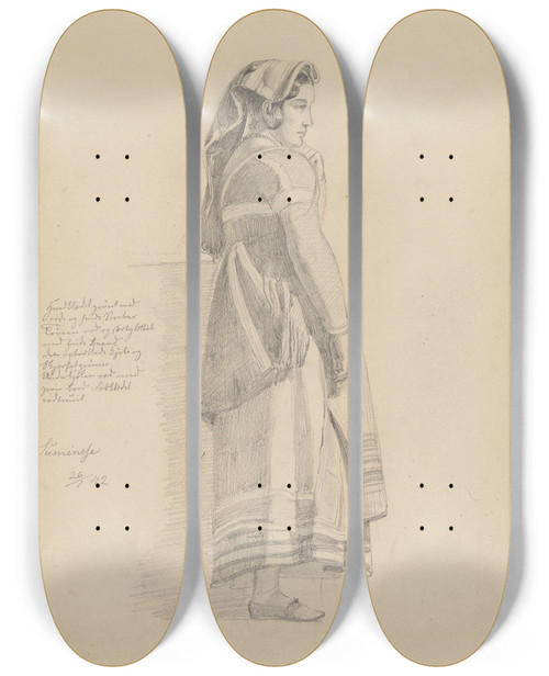 Triptych art skateboard deck of Adolph Tidemand Stende Italienerinne_1 by Adolph Tidemand (1814-1876)