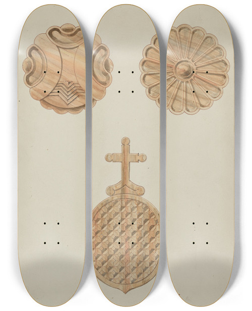 Triptych art skateboard deck of Randolph F Miller Detail Top Of Confessional by Randolph F Miller