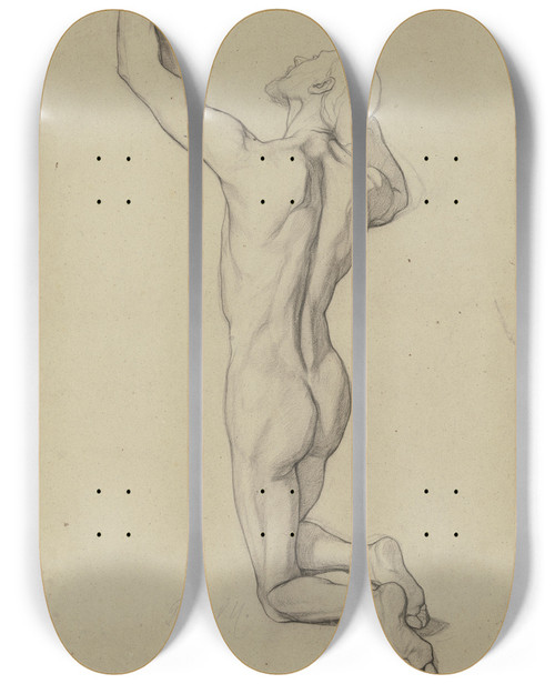 Triptych art skateboard deck of Victor Mller Rckenansicht Eines Knienden Mnnlichen Aktes Nach Links Die Linke Auf Einer Erhebung Ablegend by Victor Muller (1829-1871)