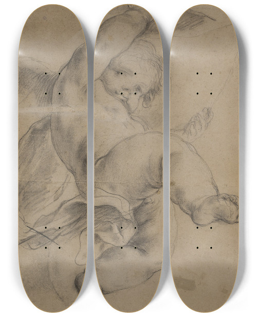 Triptych art skateboard deck of Pietro Da Cortona Flyvende Putto Lfter Et Forhng by Pietro da Cortona (1596-1669)
