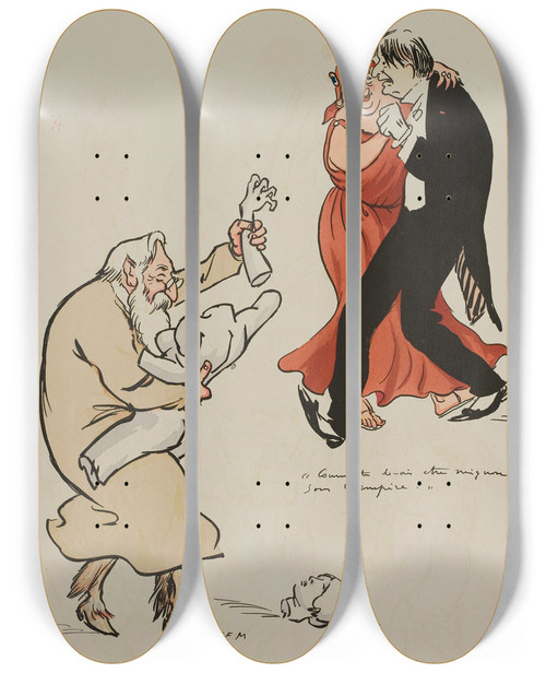 Triptych art skateboard deck of Georges Goursat Sem Comme Tu Devais Tre Mignon Sous Lempire Forain Louise Abbma A Rodin by Georges Goursat (Sem) (1863-1934)