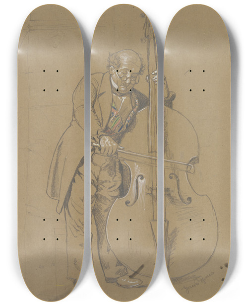 Triptych art skateboard deck of Hans Thoma Doublebass Player by Hans Thoma (1839-1924)