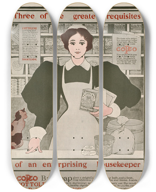 Triptych art skateboard deck of Maxfield Parrish Three Of The Greatest Requisites Of An Enterprising Housekeeper Copco Cottolene Gold Dust Washing Powder by Maxfield Parrish (1870-1966)