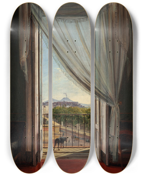 Triptych art skateboard deck of Franz Ludwig Catel A View Of Naples Through A Window by Franz Ludwig Catel (1778-1856)