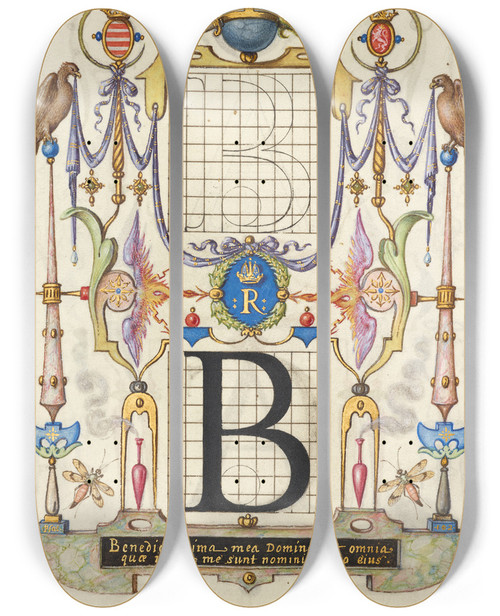 Triptych art skateboard deck of Joris Hoefnagel Guide For Constructing The Letter B by Joris Hoefnagel (1542-1600)