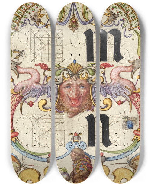 Triptych art skateboard deck of Joris Hoefnagel Guide For Constructing The Letters M And N by Joris Hoefnagel (1542-1600)