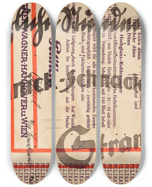Triptych art skateboard deck of Kurt Schwitters Schnack Pelikan by Kurt Schwitters (1887-1948)
