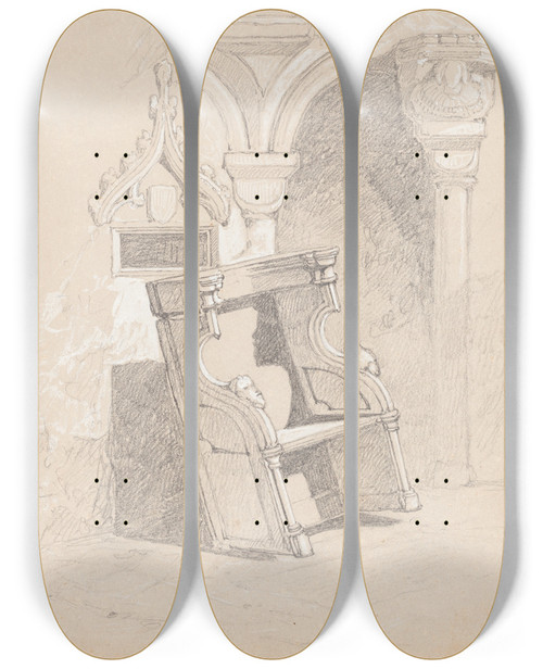 Triptych art skateboard deck of John Sell Cotman Sketch Of Ruined Church Interior With Chair by John Sell Cotman (1782-1842)