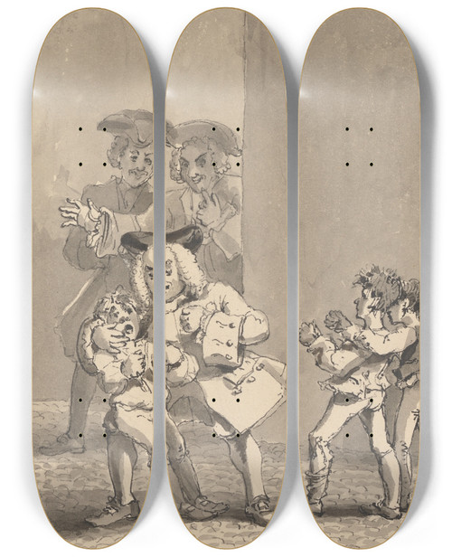 Triptych art skateboard deck of John Thomas Smith Hogarth Having Been Followed By Barry And A Friend Was Caught Backing A Boy To Fight Purposely To Catch His Fearful Countenance by John Thomas Smith (1766-1833)