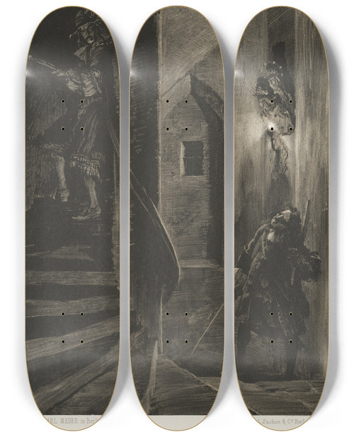 Triptych art skateboard deck of Adolph Von Menzel Essay On Stone With Brush And Scraper Chase On The Winding Staircase by Adolph Von Menzel (1815-1905)