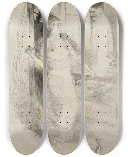 Triptych art skateboard deck of Adolphe Lon Willette Pierrot by Adolphe Leon Willette (1857-1926)