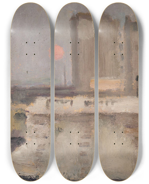 Triptych art skateboard deck of Tadeusz Makowski Fragment Of A City In A Fog by Tadeusz Makowski (1882-1932)