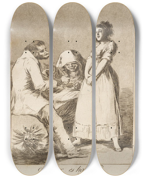Triptych art skateboard deck of Francisco De Goya Mejor Es Holgar It Is Better To Be Lazy by Francisco de Goya (1746-1828)
