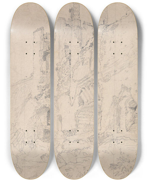 Triptych art skateboard deck of John Sell Cotman Framlingham Castle Suffolk Part Of Ruined Interior by John Sell Cotman (1782-1842)