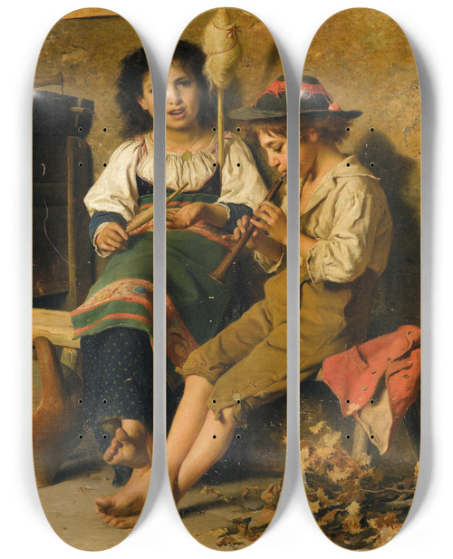Triptych art skateboard deck of Luigi Bechi Spinnerin Und Fltenspieler by Luigi Bechi (1830-1919)