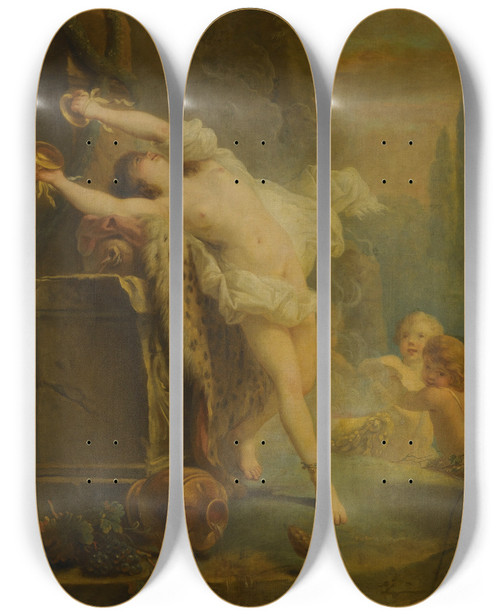 Triptych art skateboard deck of Antoinefranois Callet A Bacchante Playing The Cymbols Before A Statue Of Pan by Antoine-Franois Callet (1741-1823)