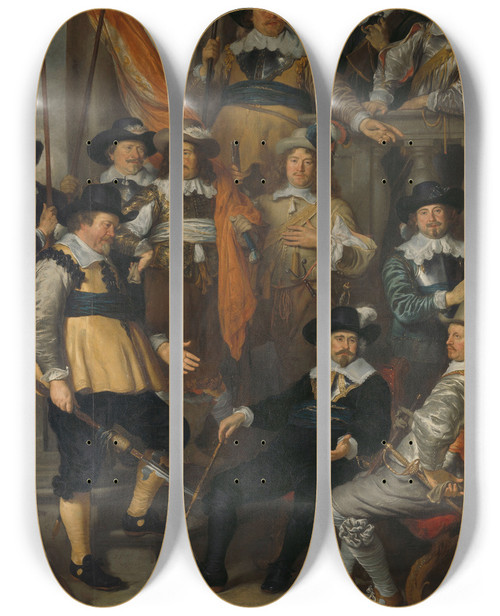 Triptych art skateboard deck of Govert Flinck Officers And Other Civic Guardsmen Of The Xviii District In Amsterdam Under The Command Of Captain Albert Bas And Lieutenant Lucas Conijn by Govert Flinck (1615-1660)