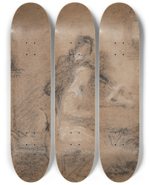 Triptych art skateboard deck of William Mulready Sketch Of Two Figures In An Interior One Seated One Standing by William Mulready (1786-1863)