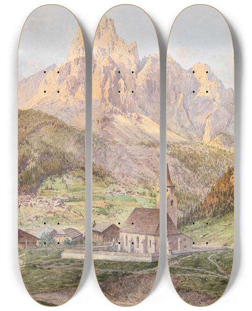 Triptych art skateboard deck of Richard Moser Corvara Mit Dem Sas Songher by Richard Moser (1874-1924)